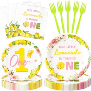 2 x 96Pcs Lemon 1st Party Plates Supplies Pink Yellow Our Little Lemonade Is Turning One First Birthday Tableware Decorations Disposable Paper Plates Napkins Forks for Kids Baby Shower, Serves 24