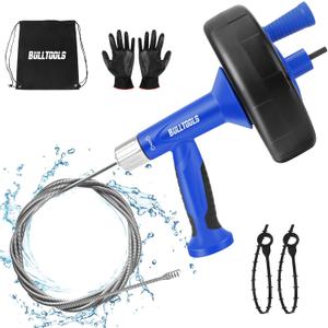 BULLTOOLS Drain Auger, 25FT Drain Clog Remover with Drill Adapter, Flexible Snake Drain Hair Removal Tool for Kitchen Sink, Bathtub, and Shower Comes with Gloves and Storage Bag (Blue)