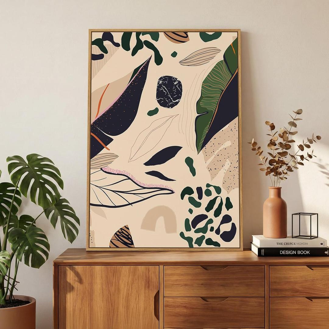 Framed Boho Abstract Botanical Wall Art for Living Room, Neutral Earthy Tropical Leaf Canvas Painting Prints Artwork for Walls, Mid Century Modern Vertical Wall Decor for Bedroom Home Office, 24x36 In