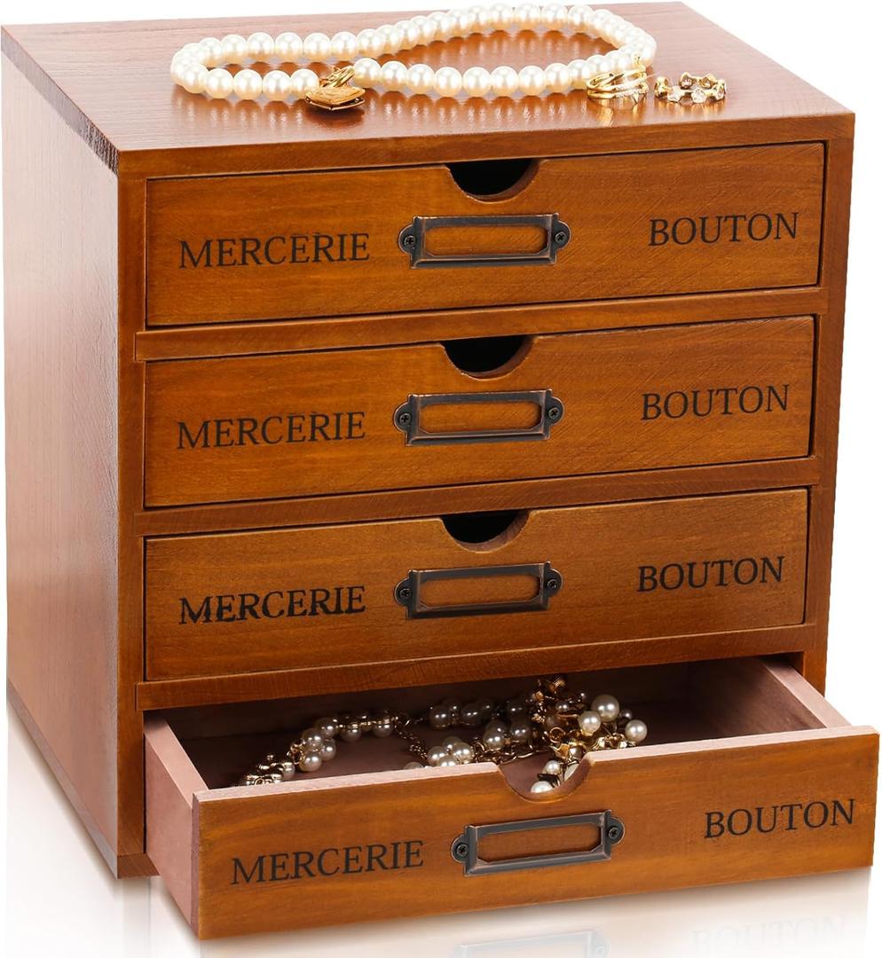 Wesiti 4 Drawer Vintage Wooden Desk Organizer, Apothecary Cabinet Storage Drawers, Rustic Shelf Drawer, Home Office Organizers and Accessories, Embroidery Floss, Craft, Art, Jewelry Storage, Stackable (Brown)