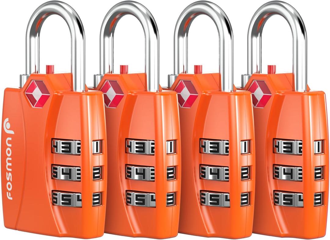 Fosmon TSA Accepted Luggage Locks (Orange - 4 Packs), Open Alert Indicator 3 Digit Combination Padlock Codes for Travel Bag, Suit Case, Lockers