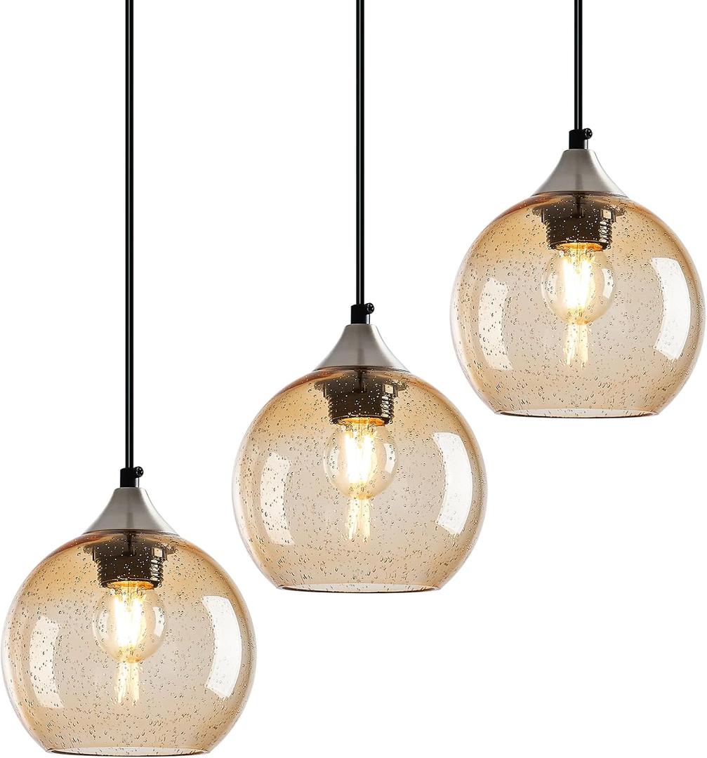 Light Brown Glass Pendant Lights Kitchen Island Globe Pendant Light Fixtures Modern Pendant Lighting for Bedroom Living Dining Room Light Fixture (5.9 in, 3 Pack)