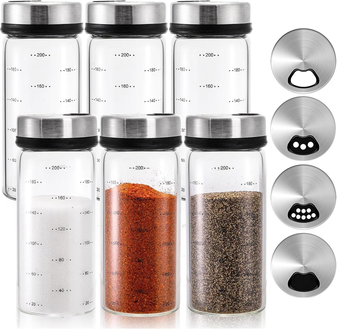 Kingrol 6 Pack Glass Spice Jars, 7 oz Salt and Pepper Shakers with Adjustable Pour Holes  for Seasonings, Herbs, Powders, Glitters