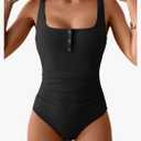 B2prity One Piece Swimsuit for Women Tummy Control Ruched Slimming Bathing Suit Button Full Coverage Swimwear M