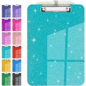 Sparkly Clipboard with Pen Holder Clear Plastic Glitter Clip Board Hanging Shiny Clipboards with Low Profile Metal Clip Letter A4 Size for Taecher Women Office School (Clear Green)