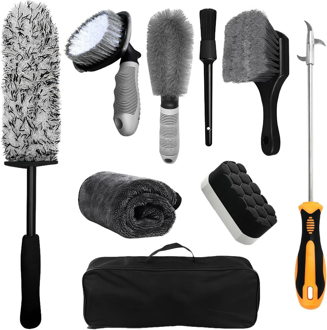 9Pcs Car Wheel Brush Kit with Storage Bag, Wheel Cleaning Brush, Microfiber Tire Brush, Car Detailing Brush, Rim Cleaner Brush, Tire Shine Applicator, Soft Towel, Stone Hook