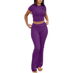 ANRABESS Lounge Sets for Women 2 Piece Foldover Yoga Flare Leggings Pants Crop Tops Casual Y2K Outfits Matching Tracksuit Set (X-Small, Deep Purple)