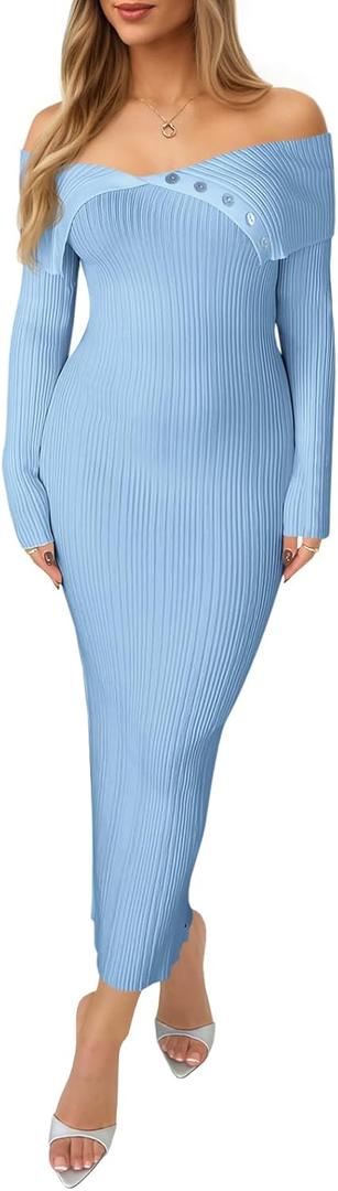 Saodimallsu Womens Off The Shoulder Sweater Dress Long Sleeve Bodycon Ribbed Knit Cocktail Party Formal Midi Dresses (Blue, S)