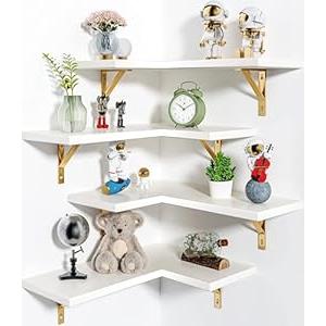 Corner Shelf Wall Mounted, Set of 4, Corner Floating Shelves, Corner Wall Shelf, Corner Hanging Shelf for Living Room, Kitchen and Bedroom (White Gold, 16.3 Inches)