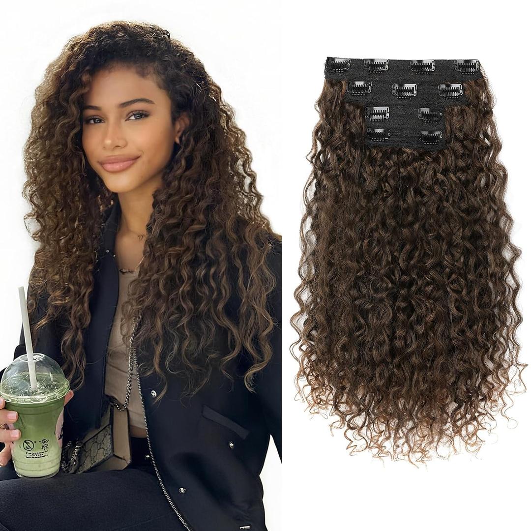 Clip in Hair Extensions, FLUFYMOOZ 4PC 100 Pure Protein Silk Hair Extensions Long Soft Natural Hairpiece 16 Inch Curly Hair Extension for Women (Dark Almond Brown With Copper)