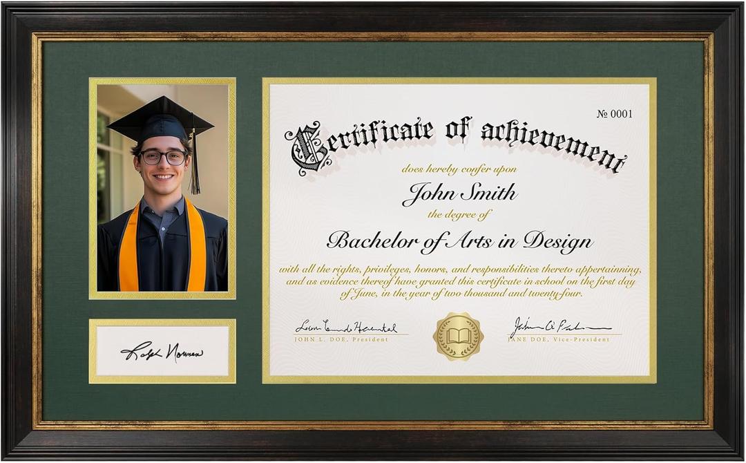 11x19 Diploma Frame, Display for 8.5x11 Certificate & 4x6 Photos, Tempered Glass with Acid-Free Green over Gold Mat, Degree Frame for Graduation, Brown with Gold Trim 11x19 Diploma Frame, Display for 8.5x11 Certificate & 4x6 Photos, Tempered Glass with Acid-Free Green over Gold Mat, Degree Frame for Graduation, Brown with Gold Trim