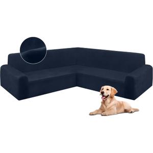 HDCAXKJ Corner Sectional Couch Covers Velvet Stretch L Shape Sofa Cover Soft Thick Sectional Slipcovers Set U Shaped Living Room Non Slip Magic Furniture Protector for Pet Dogs (Navy Blue, Large)