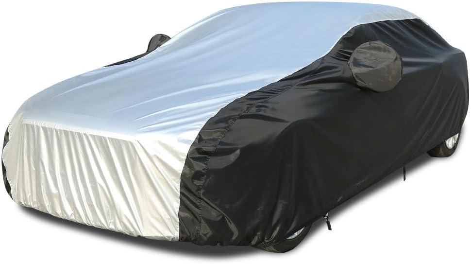 Coverado Car Cover Waterproof All Weather for Automobiles, Outdoor Full Exterior Covers Rain Sun Snow Protection, Car Covers Sealed with PU Waterproof Seal Tape, Universal Sedan Cover (201"-210") (3 Fit Sedan Length 201-210 inch, Black & Silver)