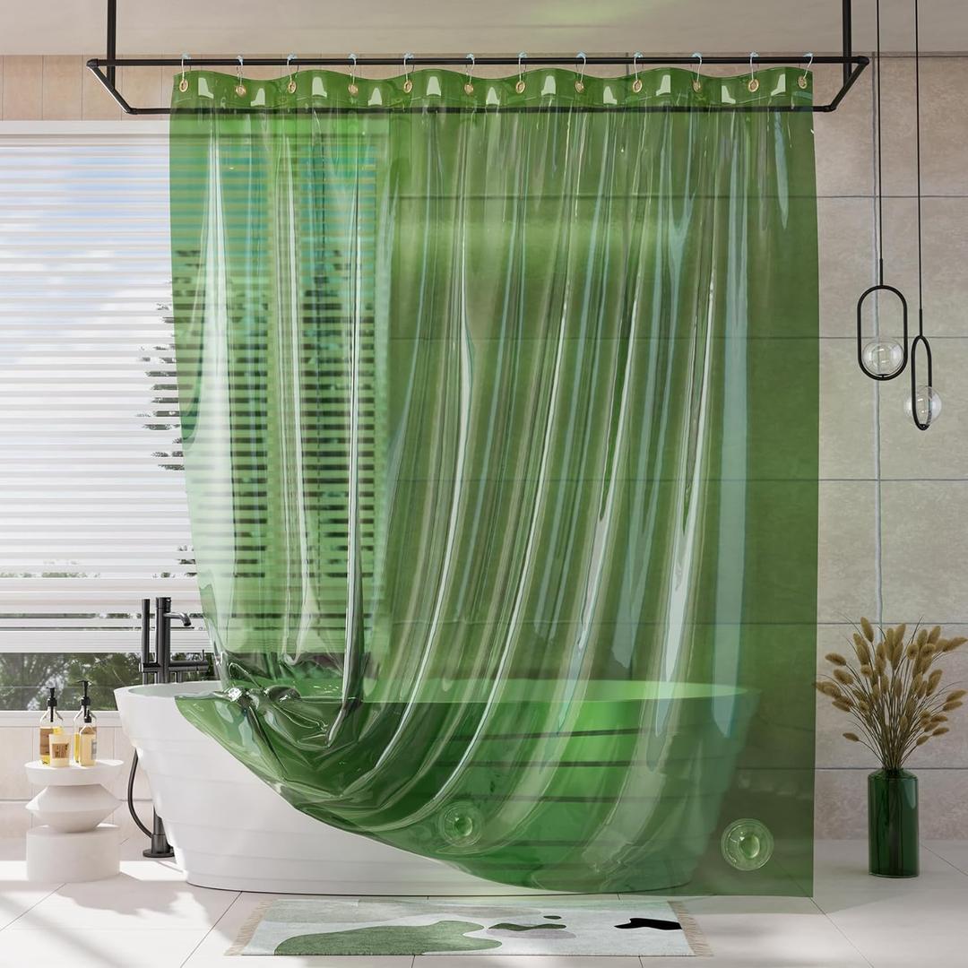 AmazerBath Shower Curtain Liner, 100% EVA Soft Clear Green Heavy Duty Luxury Shower Curtain and Liner 2-in-1, 72x72 Plastic Weighted Bathroom Shower Liner, 12 Rustproof Grommets & 3 Heavyweight Stones (Rainbow Emerald)