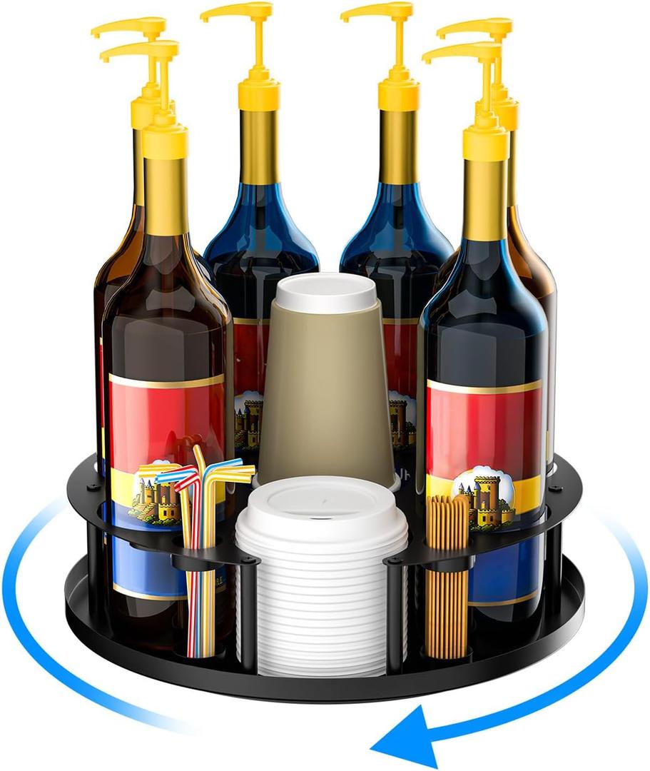 Coffee Syrup Organizer 8 Bottles, Rotating Coffee Syrup Rack for Countertop Coffee Bar Organizer, Syrup Holder Stand for Coffee Syrup Dispenser,Stirrers,Cup and Lid, Wine Display,Coffee Station