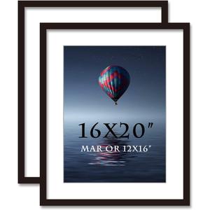 16x20inch Picture Frame 2 Pack Solid Wood Wall Mounting Certificate Poster Photo Frame with MAT Display Pictures 12x16in (Black)