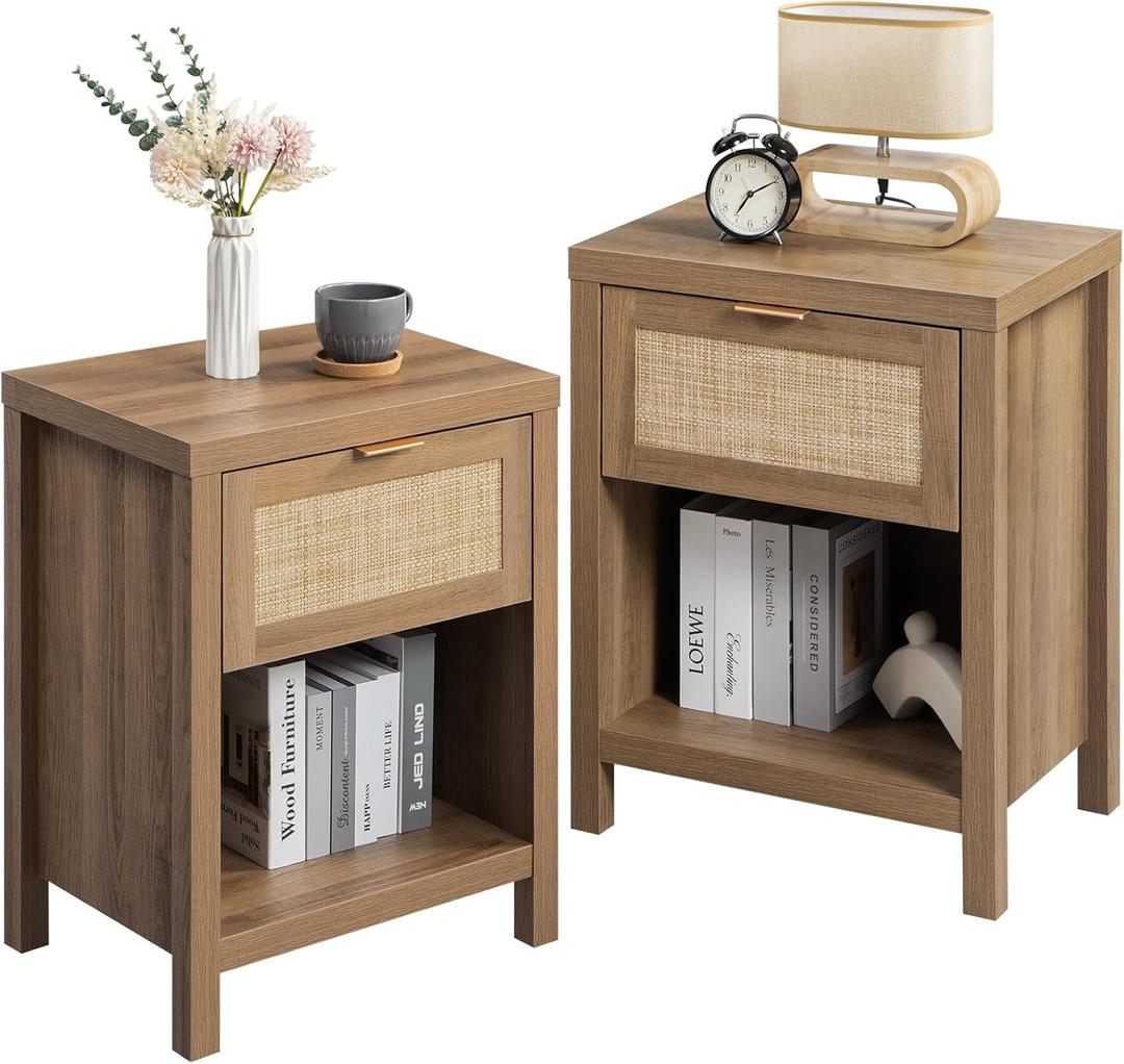 SICOTAS Rattan Nightstands Set of 2 - Farmhouse Night Stand with Drawer and Storage Shelf - Boho Bedside Table End Side Table for Bedroom, Oak (Reclaimed Caramel Oak)