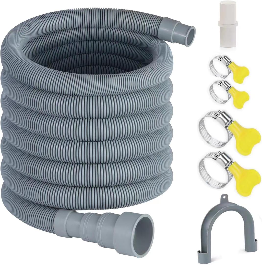 Elyfree 16.4ft Washing Machine Drain Hose, Universal Drain Hose Extension Kit for Washer, Dishwasher, Flexible Discharge Hose for LG/ GE/ Samsung, Fit up to 1-1/2 Inch Drain Outlets (16.4)