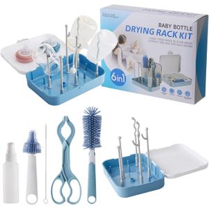 6 in 1 Baby Traveling Set Includes Straw Cleaner, Silicone Brush, Nipple Brush, Soap Dispenser, Drying Rack + Tray and Bottle Clip, Brush Washer, Newborn Essentials, Girl and Boy Gifts, Bule