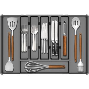 Silverware Drawer Organizer, Expandable Utensil Tray for Kitchen Drawers, BPA Free Flatware and Cutlery Holder, Adjustable Plastic Storage for Utensil like Spoons, Forks, Knives, Black