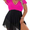 Blooming Jelly Women's Plus Size Bathing Suit One Piece Swim Dress Tummy Control Swimsuits Ruffle V Neck Swimwear (X-Large, Rose Red and Black)