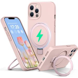 Liquid Silicone Case for iPhone 12 pro with Magnetic Ring Stand, Upgraded Camera Lens Protection, Mil-Grade Drop Shockproof, Anti-Scratch Microfiber Lining Silicone Case (Pink)