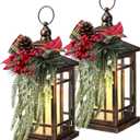 Baquler 2 Pcs Christmas Decorative Lantern LED Christmas Lantern 14" Bronze Vintage Flameless Hanging Candle Lanterns Xmas Centerpieces for Tables Indoor Outdoor Porch Decor (Black Red Plaid)