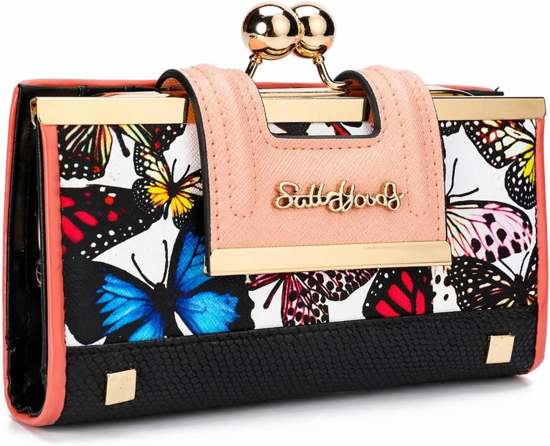 Women's Long Wallet with Kiss Lock Coin Pocket, Vintage Butterfly Floral Clutch Wallet, Large Capacity PU Leather Card Holder Organizer, Elegant Gift for Women