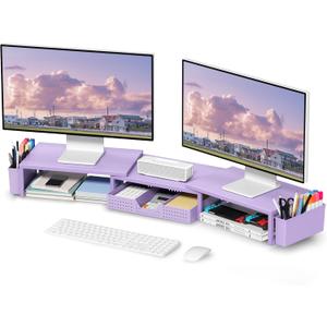 OPNICE Purple Desk Organizers and Accessories, Dual Computer Monitor Stand Riser with Drawer and 2 Pen Holders, Office Desk Accessories, Workspace Desktop Organization for Office Supplies