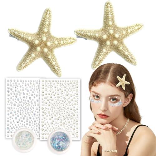 JELUTAR 6 Pcs Starfish Hair Clips Set, Mermaid Costume Accessories with Face Body Glitter and Pearl Stickers for Women, Perfect for Halloween and Cosplay (Mix Glitter Combo)