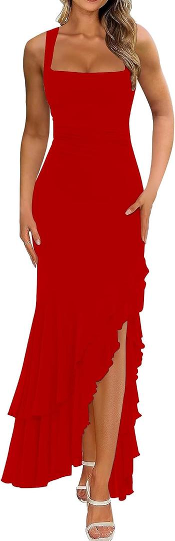 BORIFLORS Women's Elegant Bodycon Ruched Maxi Cocktail Dress Mesh Sleeveless Mermaid Ruffle Beach Wedding Guest Long Dresses (Red, L)