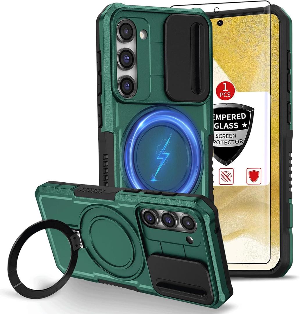 for Samsung Galaxy S22 Case Compatible with MagSafe Magnetic,with 1 Screen Protector,Built-in Camera Cover,with Ring Kickstand Military Grade Drop Heavy Duty Protection Shockproof Phone Green