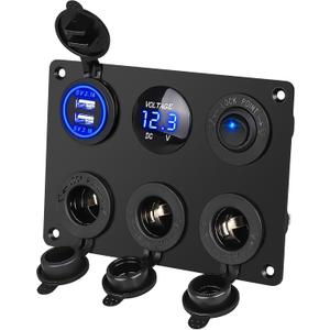 Linkstyle 6 in 1 Charger Socket Panel, 3 Cigarette Lighter Splitter with Dual USB Charger Ports & LED Voltmeter & Rocker Switch for 12V/24V Car RV Boat