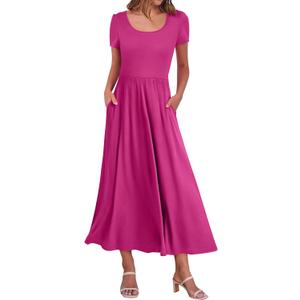 ANRABESS Women Summer Casual Maxi Dress Short Sleeve Square Neck High Waist Flowy A-Line Beach Long Dress with Pockets Hot Pink Small
