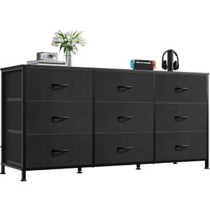 WLIVE 47''W Dresser for Bedroom, Black Dresser TV Stand for 45, 50, 55 inch TV, Wide Chest of Drawers with 9 Drawer, Large Entertainment Center, Fabric Dressers with Wood Top for Closet, Living Room, Size: Regular Siz