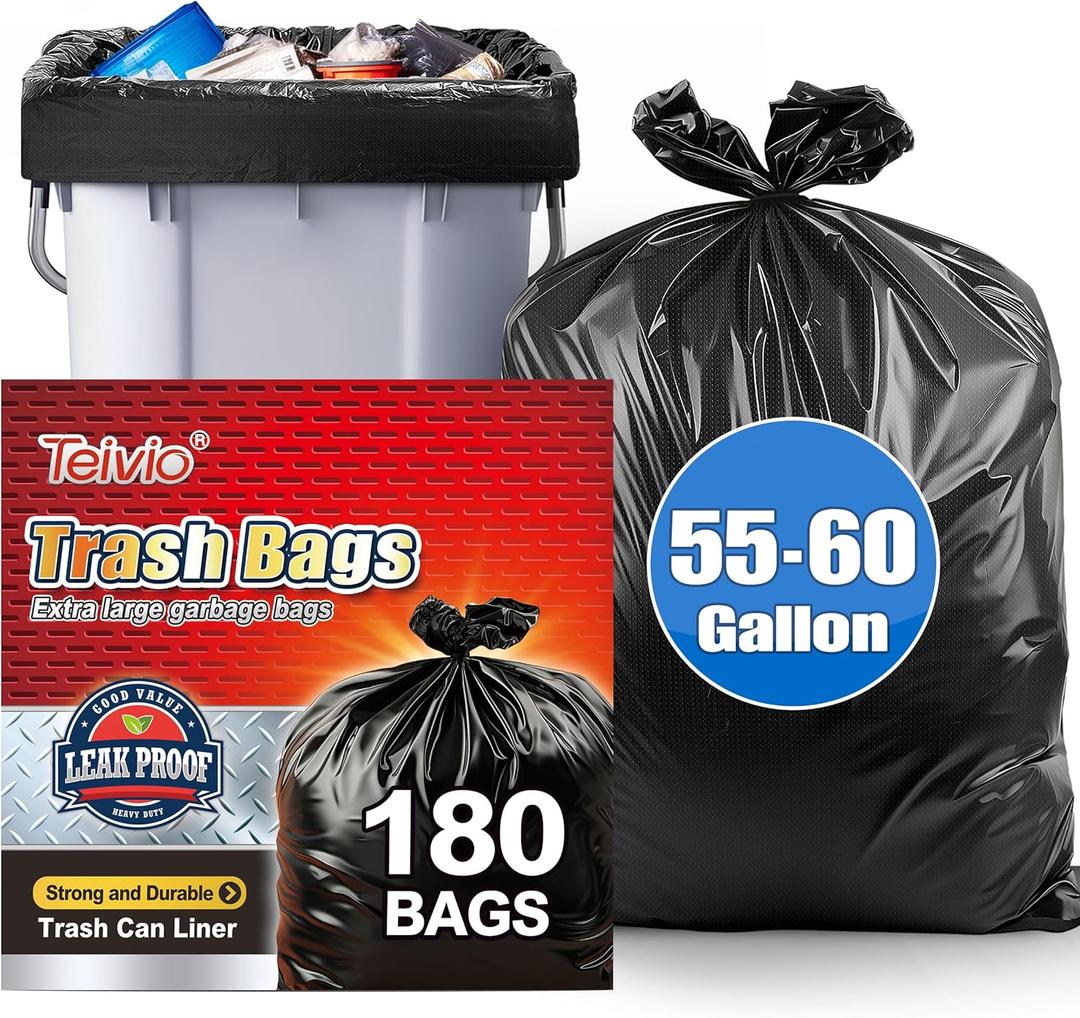 Teivio 55-60 Gallon Black Trash Bags | 180 Bags Extra Large Multi-Use Heavy Duty Commercial Garbage Bags | Lawn And Leaf Bags | Outdoor Yard Waste Bag | Contractor Workshops Trash Bin Liner