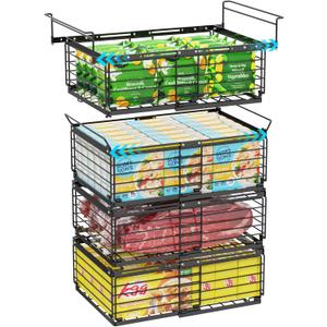 iSPECLE Deep Freezer Organizer Bins for 10 to 20 Cu.Ft, 4 Pack Stackable & Hanging Baskets, Expandable Metal Wire Storage System, Fits 17.5"-22.6" Width, Chest Freezer Only, Black