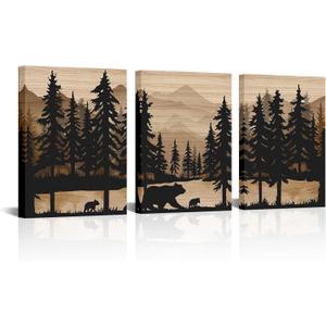 WELMECO Rustic Cabin Decor Bear Wall Art Framed Canvas Art Farmhouse Bedroom Bathroom Living Room Decor 12"x16" x 3 Pieces