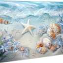 Blue Ocean Beach Conch Canvas Wall Art Starfish with White Flower in Vintage Vase Ocean Coast Picture Poster Prints Painting Artwork Wall Decor for Bathroom Living Room Bedroom Office 24''L x 16''W