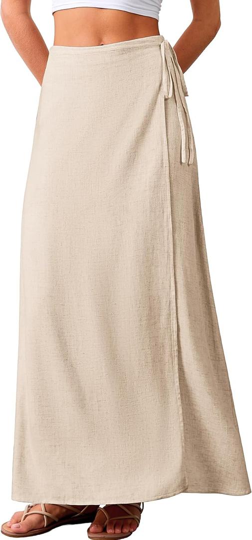 ELLEVEN Women's Linen Long Wrap Skirt Flowy Trendy Summer Elastic Waist Maxi Ankle Length Casual High Waisted A Line Vintage Sexy Boho Low Ries Midi Beach Vacations Skirts, Beige, Small