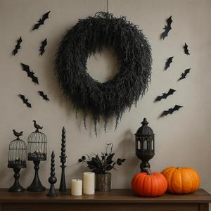 Yunlly Artificial Halloween Wreath for Front Door, Fall Faux Wreath Decorations Green Artificial Branches for Indoor Wall, Windows, Outdoor Porch Halloween Party Home Decor