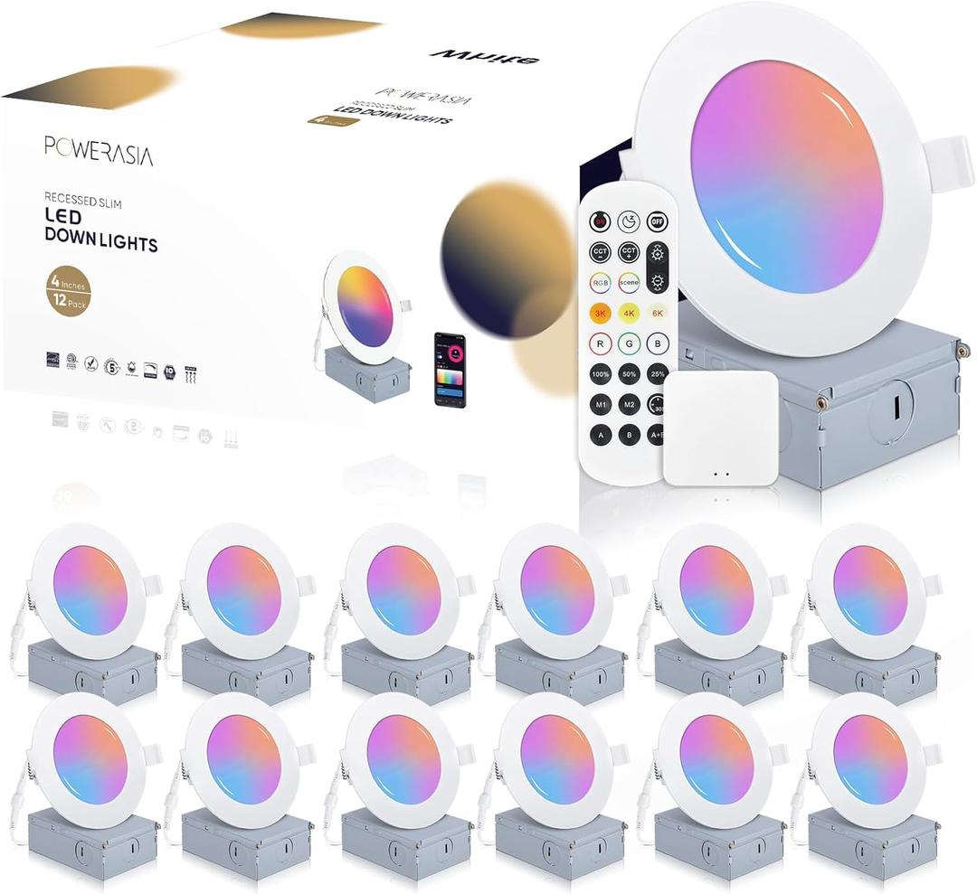 12 Pack Smart Recessed Lighting 4 Inch, Ultra-Thin LED Recessed Lighting 9W 700LM Smart Downlight with Junction Box, Compatible with Alexa/Google Assistant - ETL and Energy Star Certified (RGB (Red, Green, Blue))