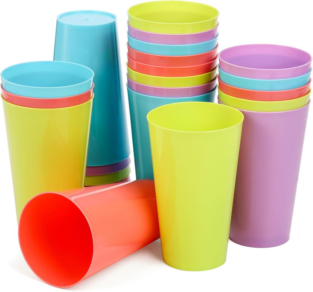 24 Pack Plastic Tumbler Cups, 13 OZ Unbreakable Water Drinking Cups, Colored Reusable Nesting Beverage Cups for Parties, BBQ Picnics, Smoothies, Juice, Stackable