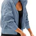 Fisoew Womens Windbreaker Crop Jackets Long Sleeve Zip Up Hidden Hooded Winter Bomber Jacket with Pockets (Small, Bluish Grey)