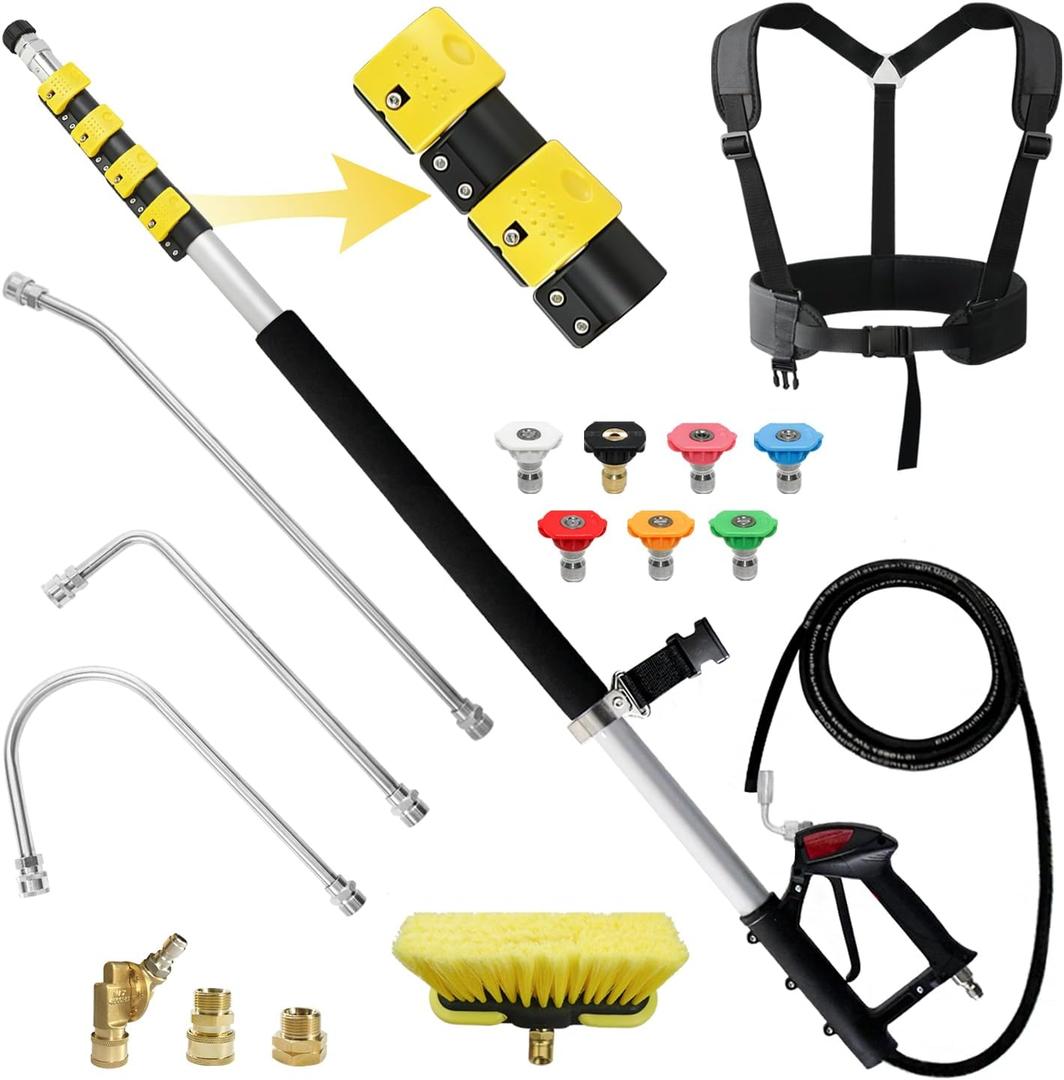 JANZ 24 FT Pressure Washer Telescoping Wand with Extension Wands
Gutter Cleaner Attachment, 7 Spray Nozzle Tips, 2 Hose Inlet Adapters, Pivoting Coupler and Support Harness