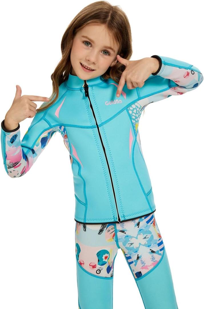 GoldFin Kids Wetsuit Jackets, 2mm Girls Boys Wetsuits Tops Toddler Neoprene Long Sleeve Keep Warm for Water Sports Diving Surfing Swimming Kayaking, Size 8