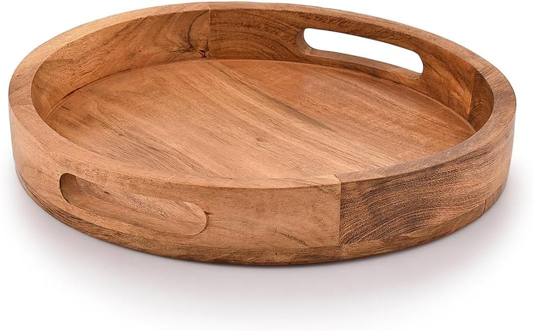 Samhita Round Serving Acacia Wooden Tray with Handles for Serving Beverages & Food on Bar Living Room Home Dining Table (12" x 12" x 1.6")