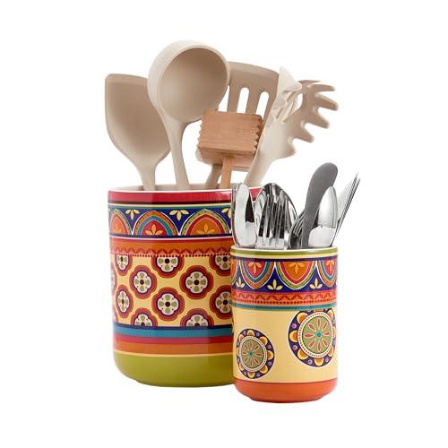 Bico Tunisian Ceramic Utensil Holder Set of 2 Only 1Ceramic Kitchen Utensil Crocks for Countertop, Large Cooking Tool Holder Counter Decor, Spatula Organizer