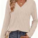 PRETTYGARDEN Fall Fashion 2026 Long Sleeve Shirts for Women Ribbed Knit V Neck Dressy Casual Lightweight Sweaters Tunic Tops (Beige, L)