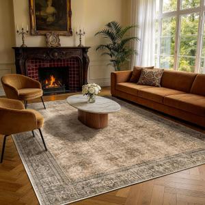 LIANLAM 5x7 Washable Area Rug, Vintage Boho Traditional Pattern, Non-Slip Stain Resistant Rug for Living Room Bedroom (5x7,Brown/Boho)